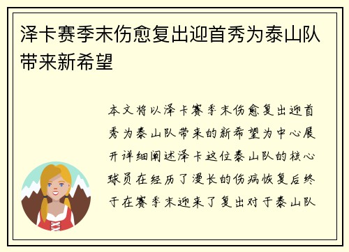 泽卡赛季末伤愈复出迎首秀为泰山队带来新希望