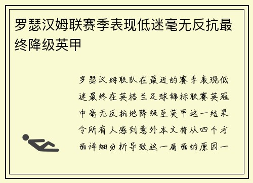 罗瑟汉姆联赛季表现低迷毫无反抗最终降级英甲